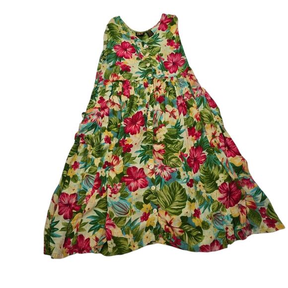 Vtg Bila Tropical Green Button Down Dress Midi Length Floral Colorful Beach S - Picture 5 of 13